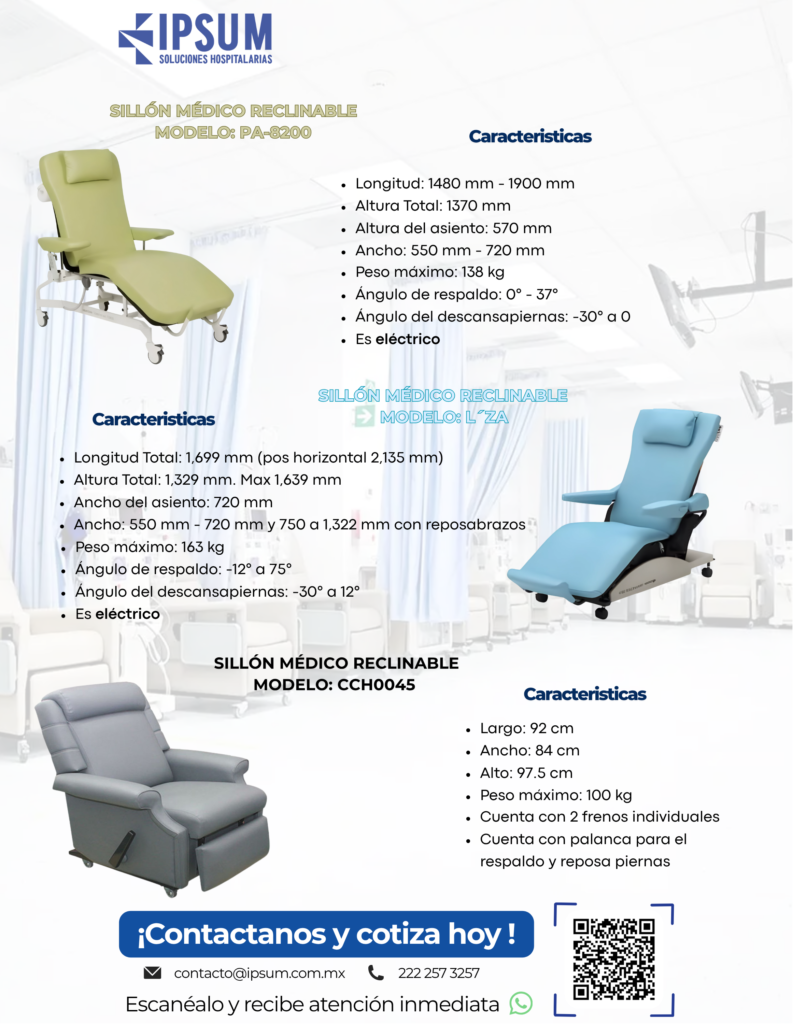 Sillones médicos reclinables para hemodiálisis modelos LZA, PA-8200 y CCH0045 IPSUM